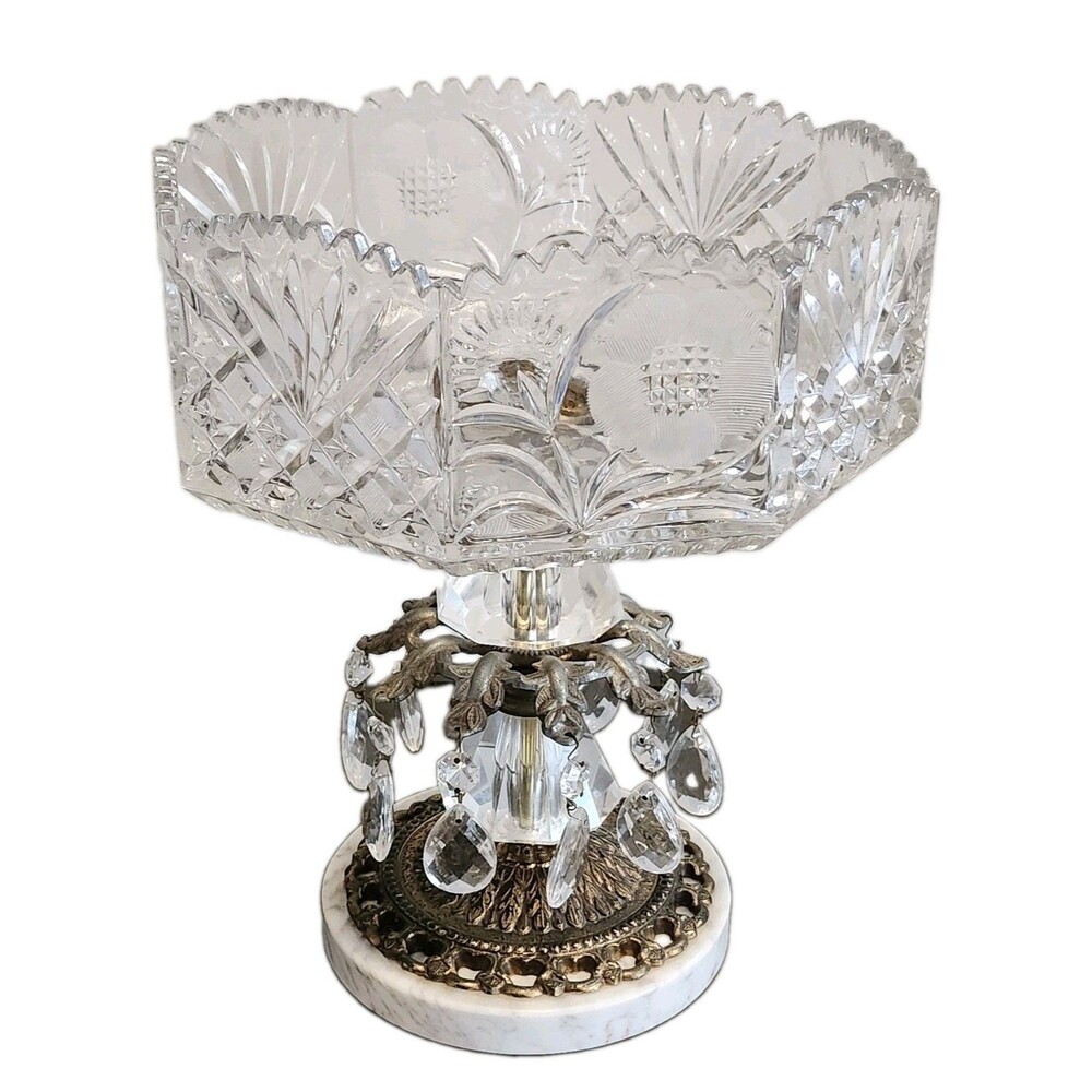 Vintage 11.5" Cut Crystal Compote Marble Base Hollywood Regency Heavy